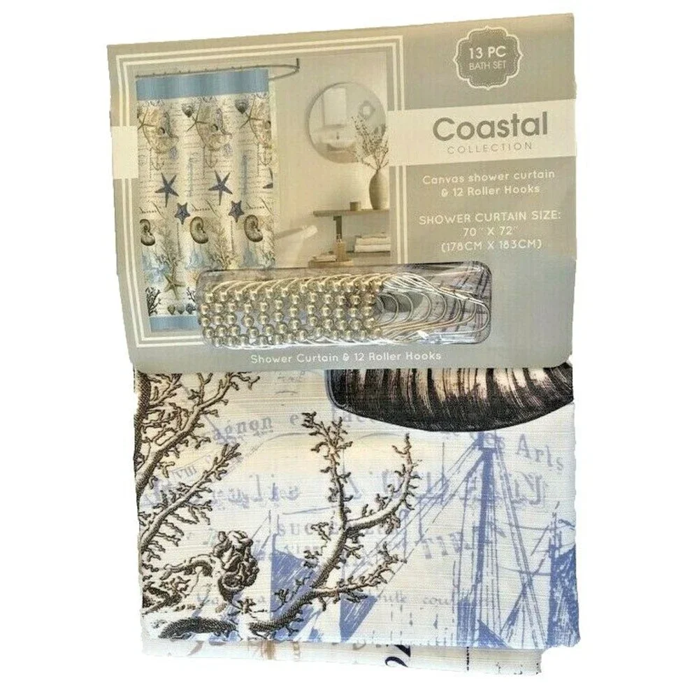 Coastal Fabric Shower Curtain Anchor Shells Starfish w/Hooks Beach Summer House